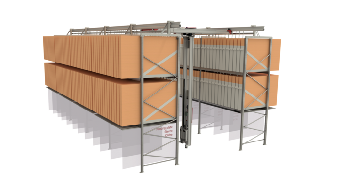 side view of semi-automatic double rack storage solution for flatbed dies and printing plates 