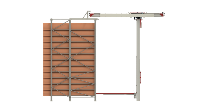 end view of semi-automatic single rack storage for rotary dies with t-crane
