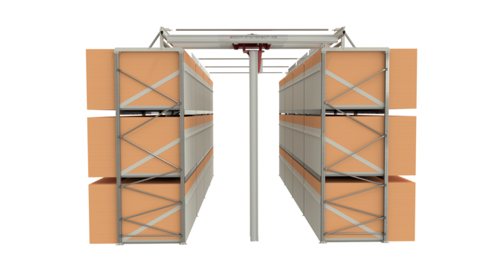 front view of semi-automatic double rack storage solution for flatbed dies 