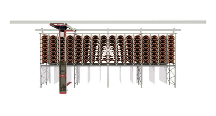 front view of semi-automatic single rack storage solution for rotary dies and printing plates with t-crane