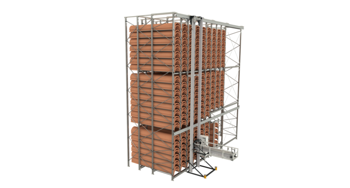 side view of full-automatic single rack storage solution for rotary dies 
