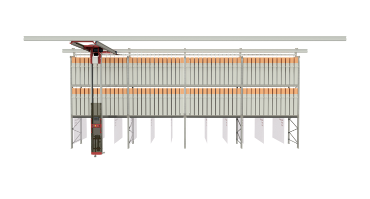 semi-automatic storage solution for flatbed dies and printing plates with t-crane 