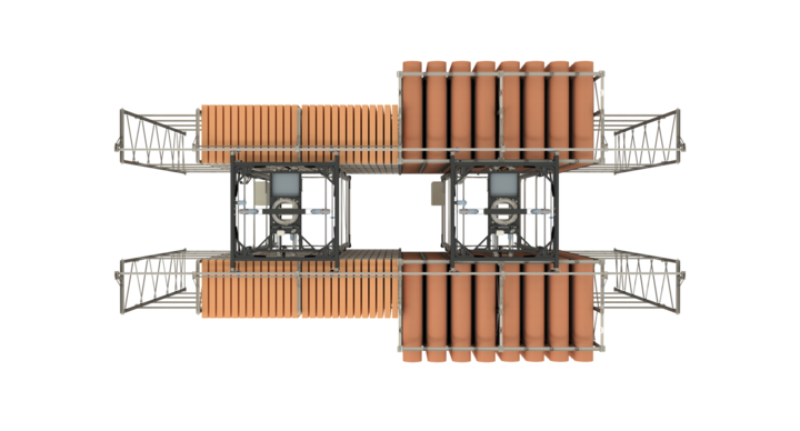 top view of full-automatic double rack storage solution for flatbed dies and rotary dies with two cranes