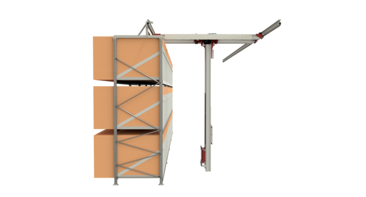 end view of semi-automatic single rack storage solution for flatbed dies with t-crane  