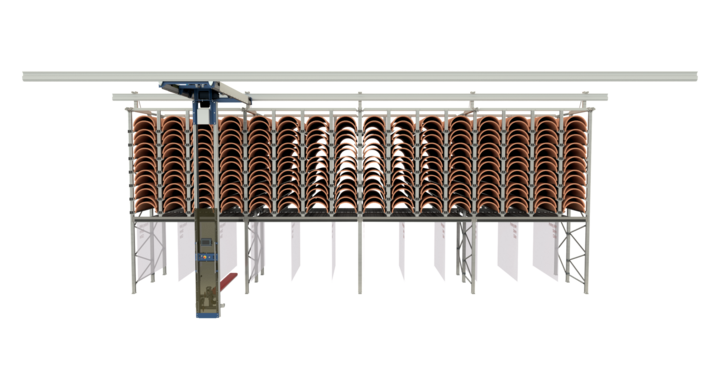 Front view of manual single rack storage solution for rotary dies and printing plates with t-crane  