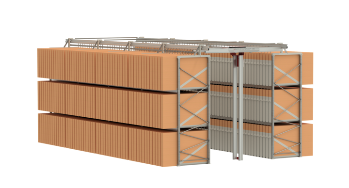 side view of semi-automatic double rack storage solution for flatbed dies 