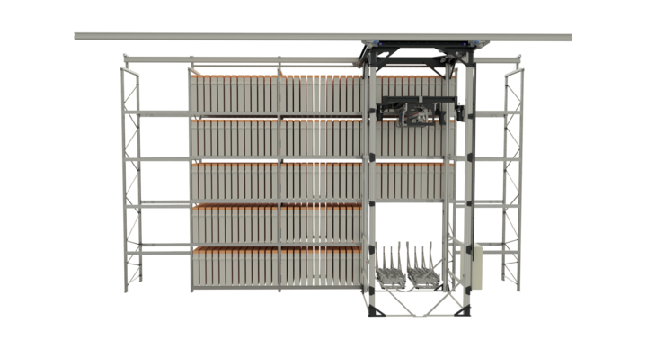 front view of Full-automatic single rack storage solution with T-crane for flat bed dies