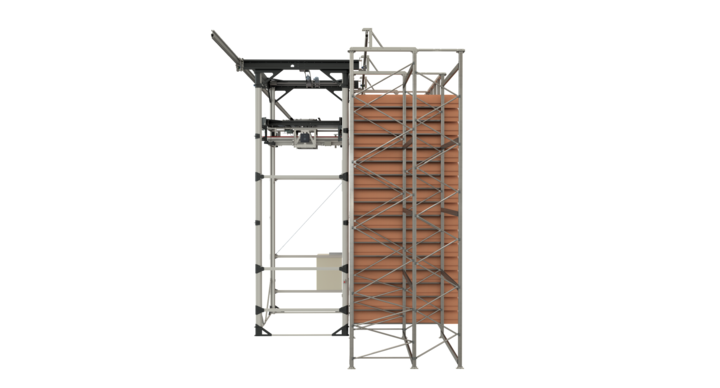 end view of full-automatic single rack storage solution for rotary dies with t-crane