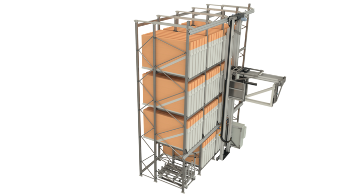 side view of full-automatic double rack storage solution for flatbed dies 