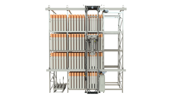 side view of full-automatic double rack storage solution for flatbed dies 