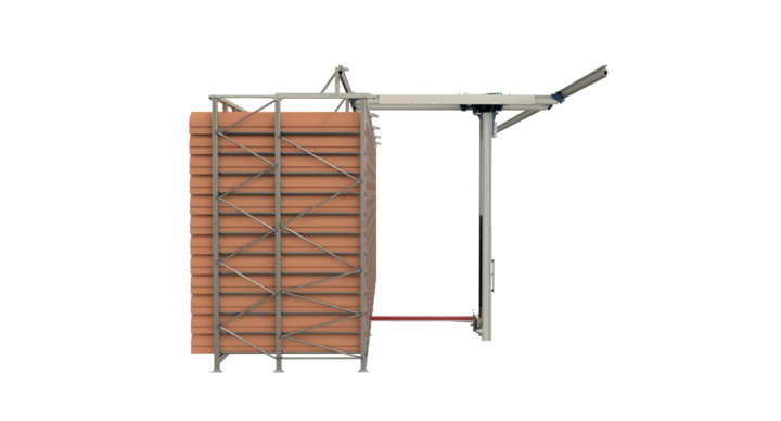 End view of manual single rack storage for rotary dies with t-crane 