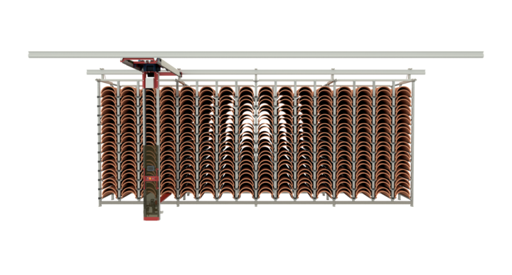 front view of semi-automatic single rack storage for rotary dies with t-crane