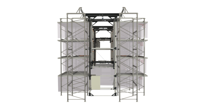 end view of Full-automatic double rack storage solution for flat bed dies and printing plates 
