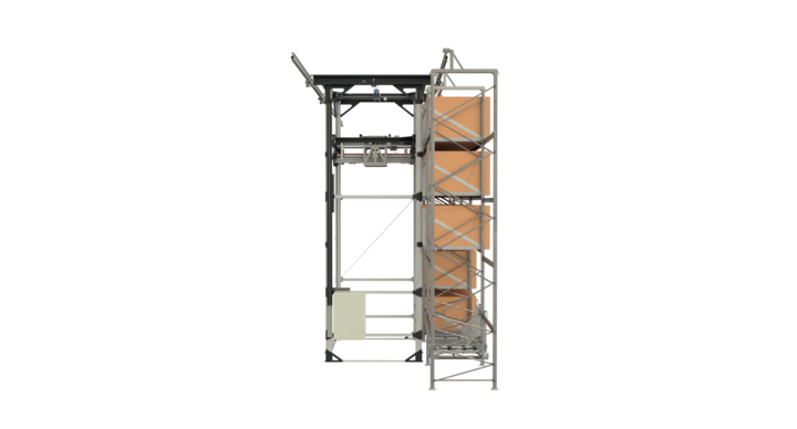end view of Full-automatic single rack storage solution with T-crane for flat bed dies