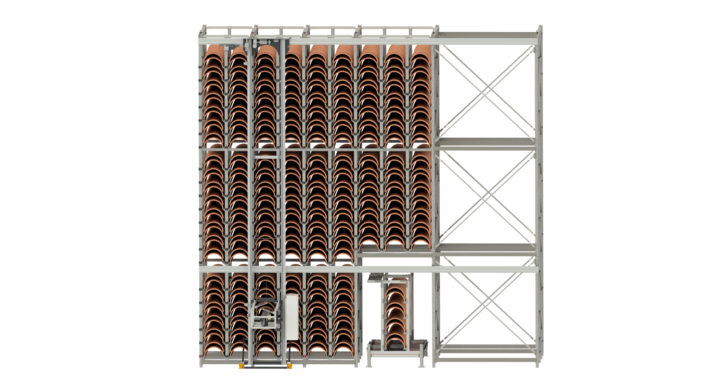 front view of full-automatic single rack storage solution for rotary dies 