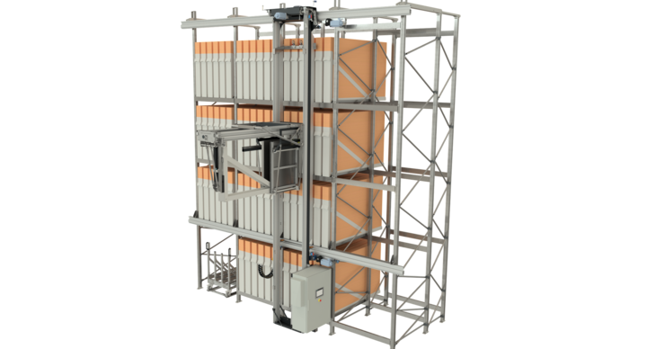 end view of full-automatic double rack storage solution for flatbed dies 