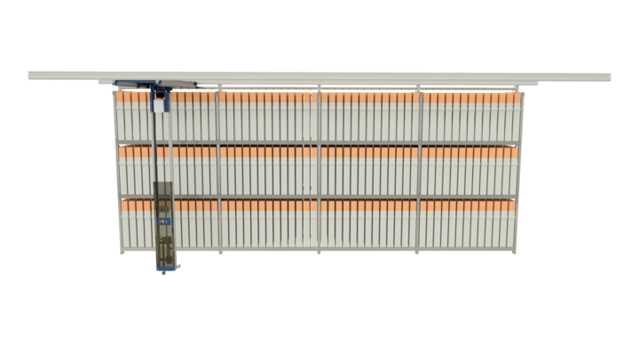 Front view of manual single rack storage for flatbed dies with t-crane