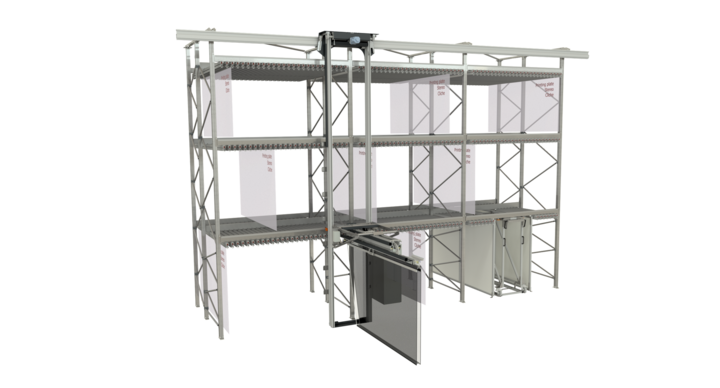 side view of full-automatic single rack storage solution for printing plates  