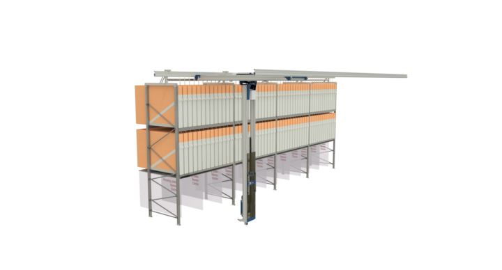 Side view of manual single rack storage for flatbed dies and printing plates with a t-crane