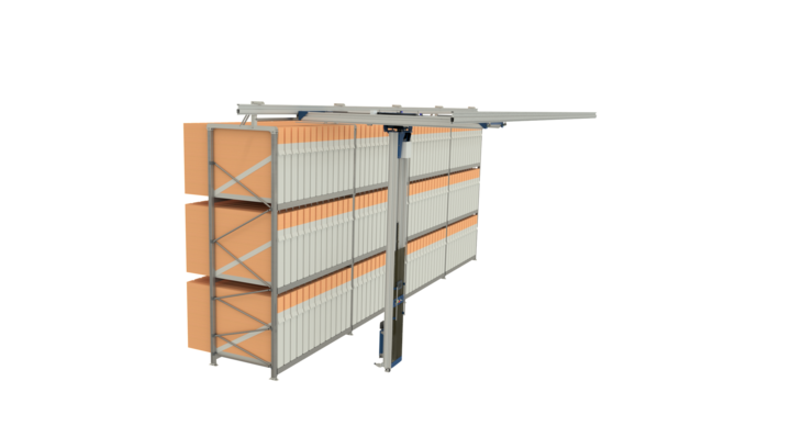 Side view of manual single rack storage for flatbed dies with t-crane