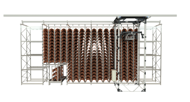 front view of full-automatic single rack storage solution for rotary dies with t-crane