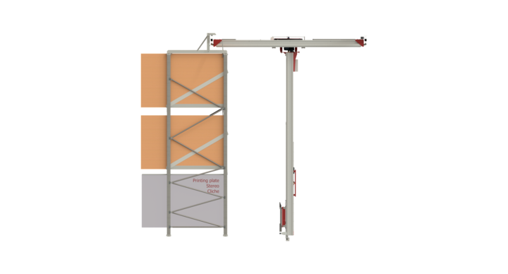 end view of semi-automatic single rack solution for flat bed dies and printing plates with t-crane 