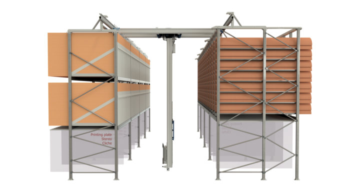 Front view of bcm manual double rack storage solution for flatbed dies, rotary dies and printing plates 