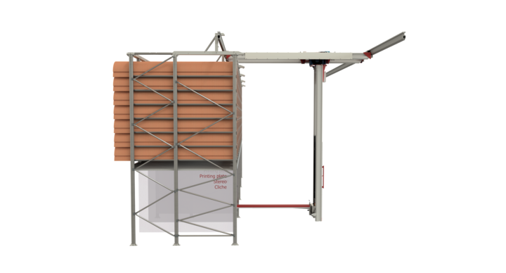 end view of semi-automatic single rack storage solution for rotary dies and printing plates with t-crane