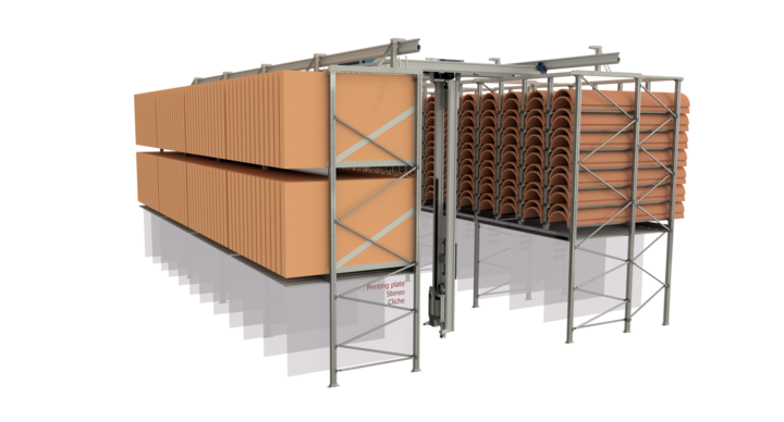 Side view of bcm manual double rack storage solution for flatbed dies, rotary dies and printing plates 