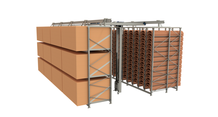 Side view of bcm manual storage solution for flatbed dies and rotary dies with t-crane