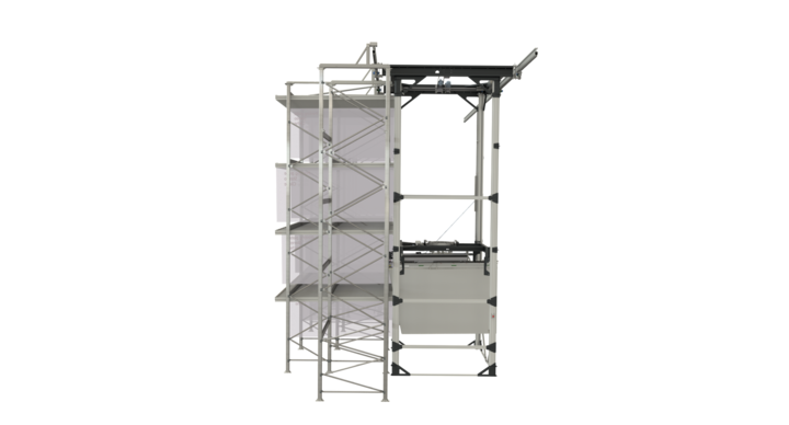 end view of Full-automatic storage solution for printing plates with a t-crane