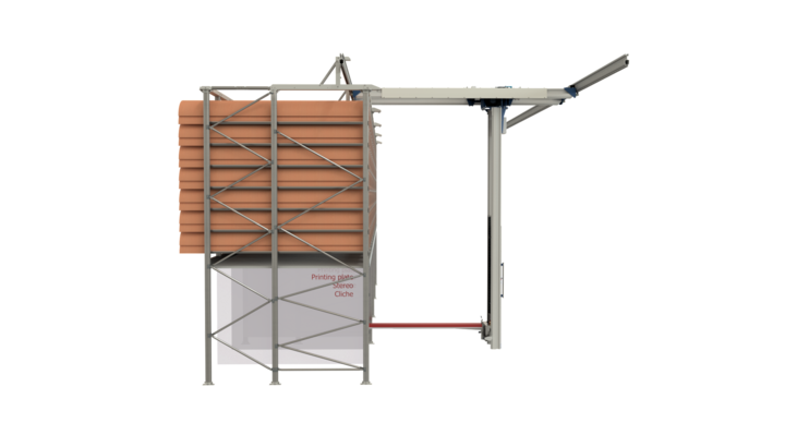 End view of manual single rack storage solution for rotary dies and printing plates with t-crane  