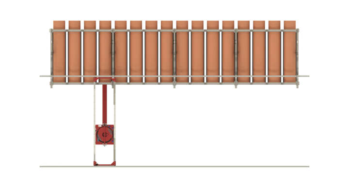 top view of semi-automatic single rack storage for rotary dies with t-crane