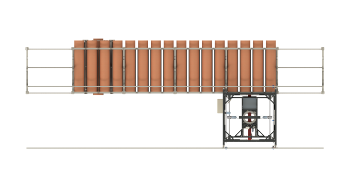 top view of full-automatic single rack storage solution for rotary dies with t-crane