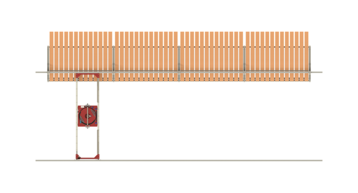 top view of semi-automatic single rack storage solution for flatbed dies with t-crane  