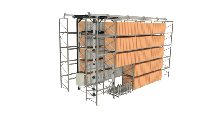 side view of full-automatic double rack storage solution for flatbed dies 